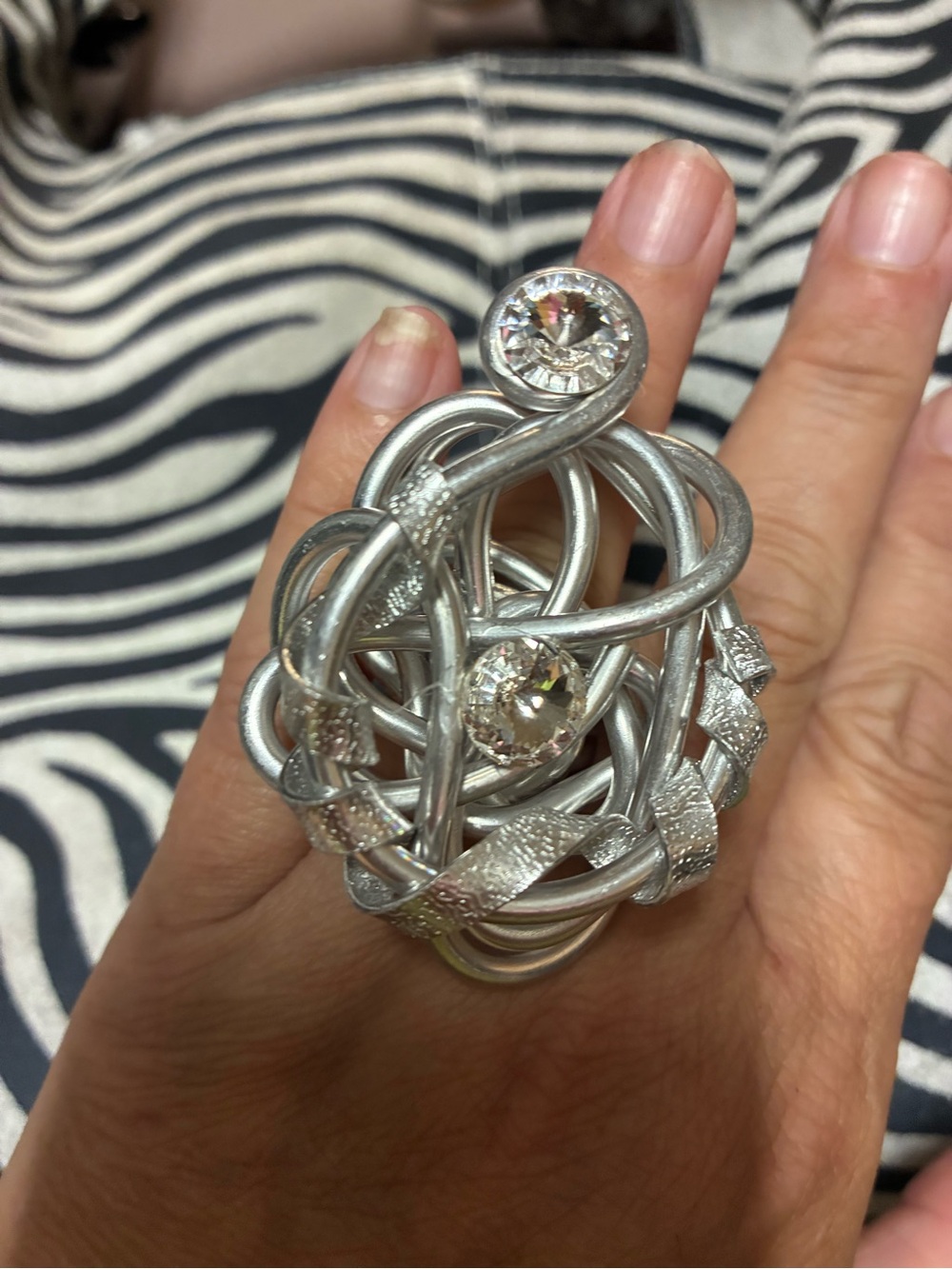 OAK. Jeff Leib.  Silver Twisted Statement Ring with Clear Crystals